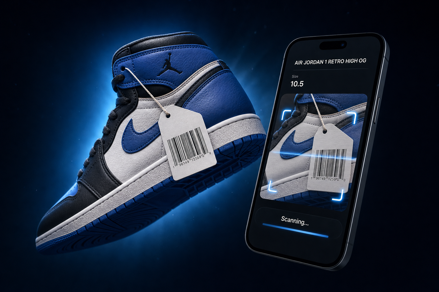 Nike Air Jordan 1 Retro High OG being scanned by an iPhone running TagitHQ
